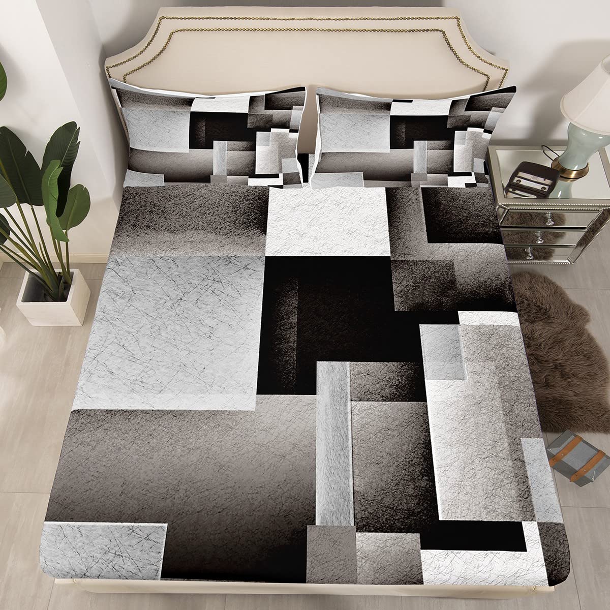 Juego de sábanas geométricas para niños, sábanas de cuadros grises y negros con bolsillo profundo para niños, juego de sábanas modernas abstractas, transpirables, decoración geométrica, tamaño King