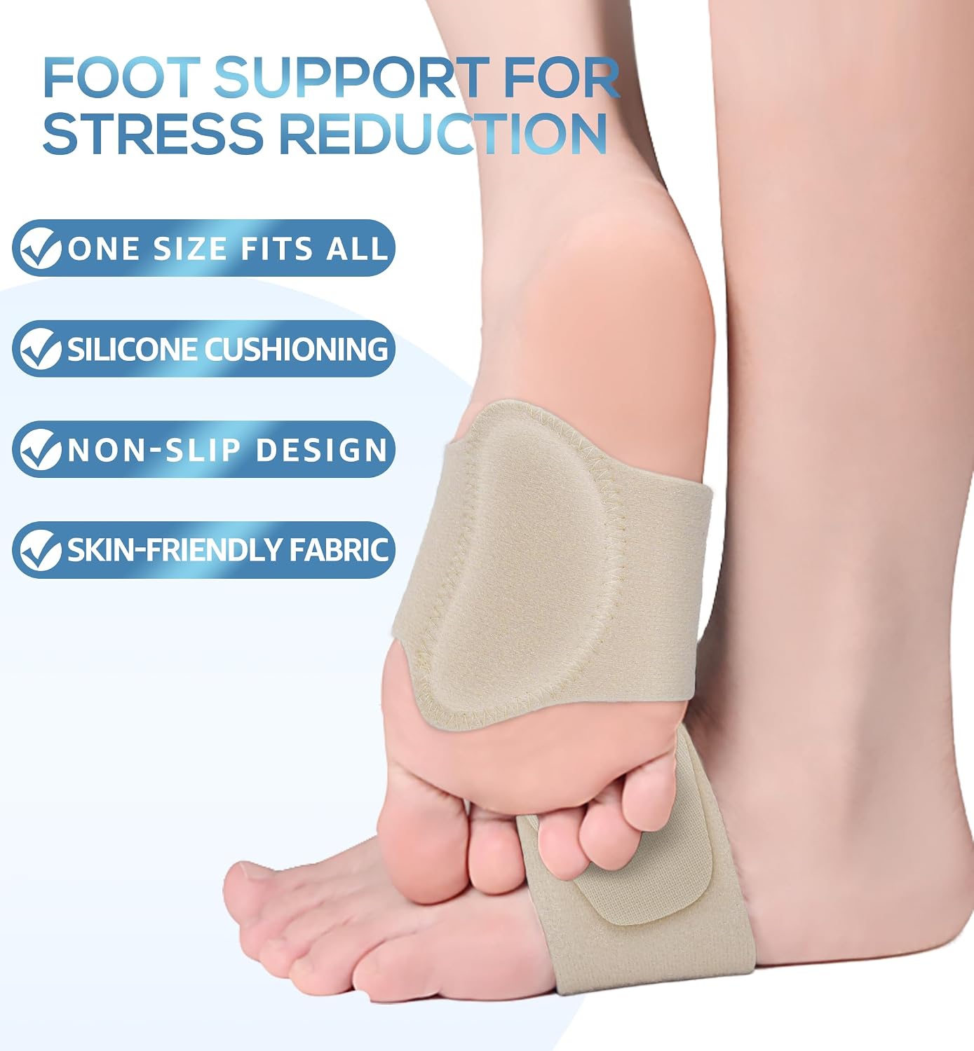Arch Support Brace (2 Pack) – Adjustable, Non-Slip Arch Wraps with Soft Elastic Silicone Pads for Foot Care, Flat & Fallen Arches, High Arch, Plantar Fasciitis Relief – Fits All Shoes (Beige)