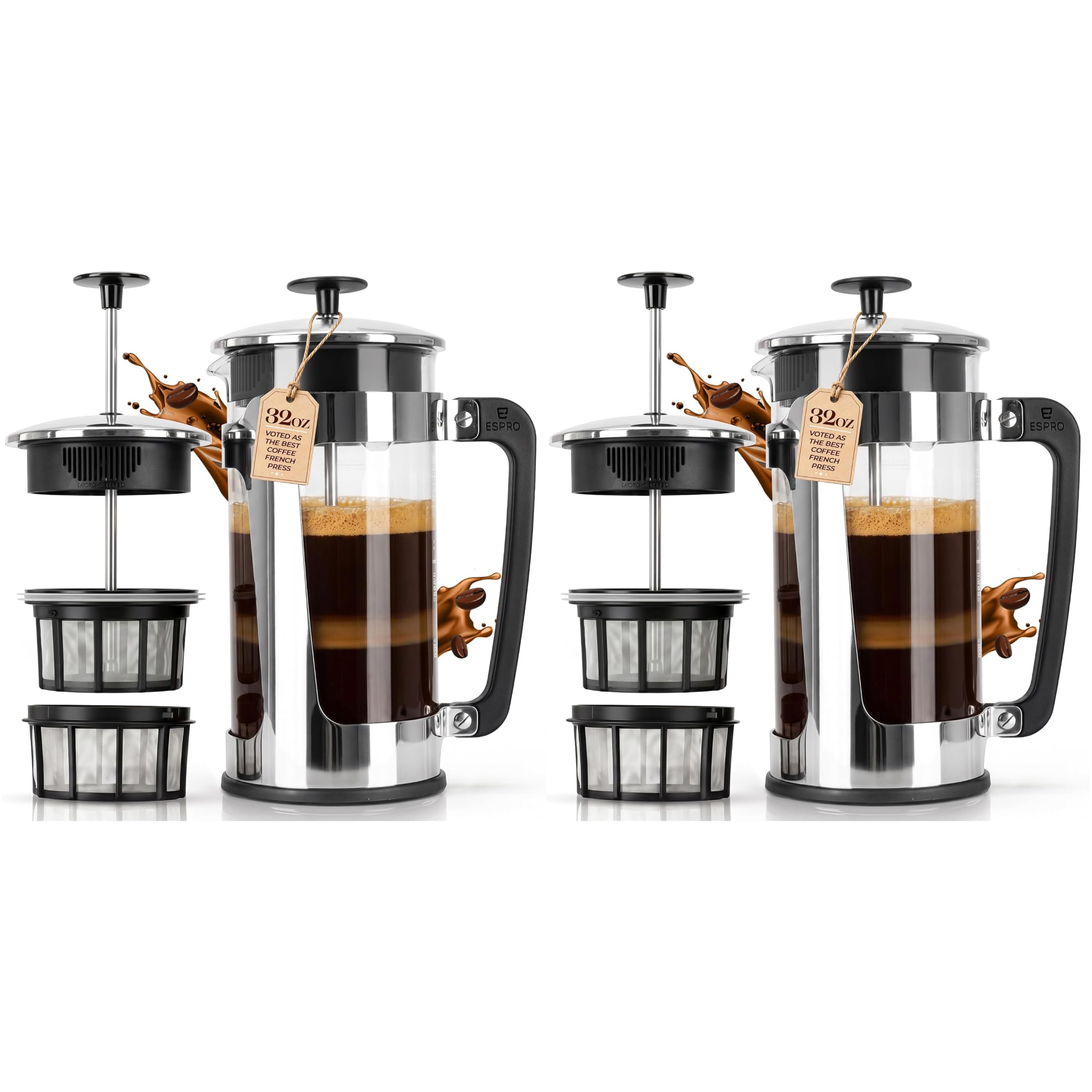 ESPRO P5 FrenchPress Coffee Maker, 32oz, 2P, Polished, Double Filter Press