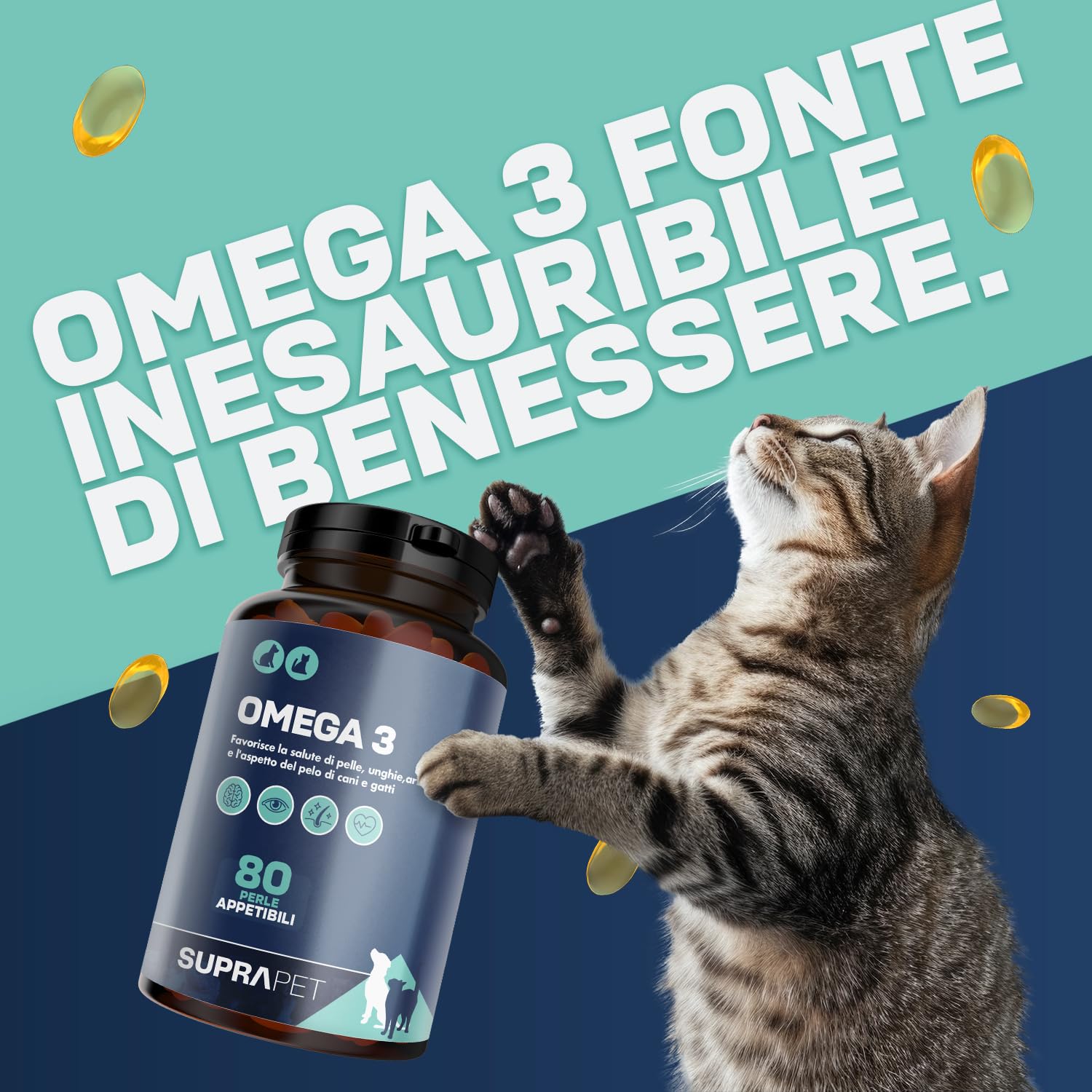 Suprapet Omega 3 per Cani e Gatti Olio di Pesce, EPA, DHA e Vitamina E 80 Perle. Mangime Complementare Naturale per Pelo e Articolazioni (80 unità (Confezione da 1))