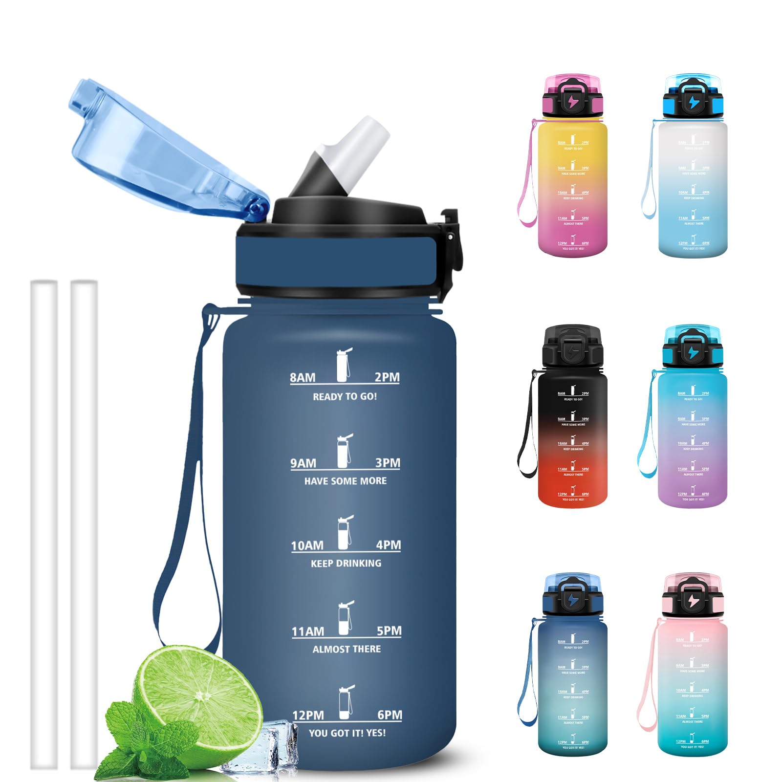 Grsta Borraccia 500ml, A Prova di Perdite Borraccia Bambino con Cannuccia, Bottiglia Motivazionale, Facile da Pulire, Borracce con Indicatore del Tempo per Corsa, Scuola, Ciclismo