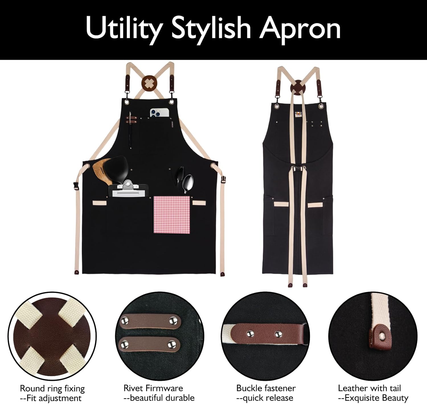 Kitchen Apron, Work Apron, Canvas, Multiple Pockets, Gardening, Painting, BBQ, Artist, Carpenter, Sizes M to XXL, Black - Image 3