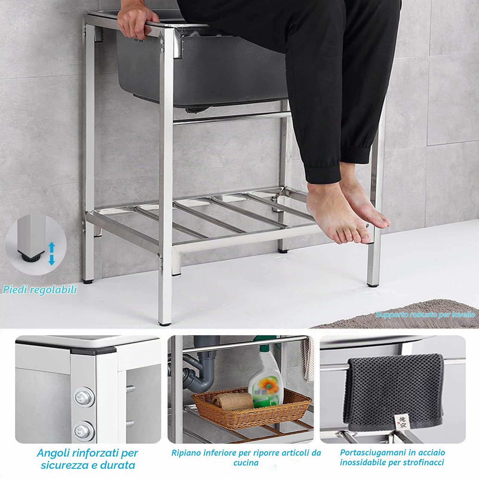 Mobile Lavabo Esterno Balcone Lavello in acciaio inox Freestanding lavandino da esterno Sink 1 vasca con rubinetto lavare bacino a mano per Garage Lavanderia