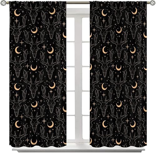 Vista 306 de Cortinas de cabeza de cabra, misteriosa cabeza de cabra malvada, calavera negra, bolsillo para barra, cortinas opacas para ventana, juego de 2