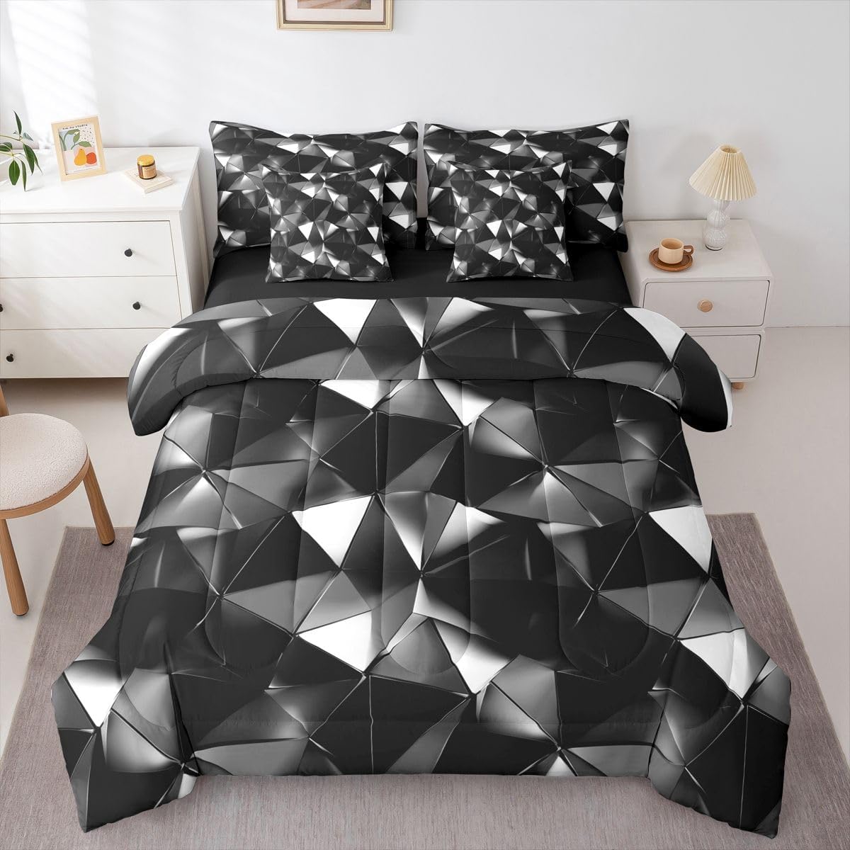 Feelyou Black White Geometric Full Comforter Set with Sheets for Kids Boys Girls 3D Abstract 7 Pieces Bedding Set Art Aesthetic Bed in a Bag Room Decor Soft Lightweight Microfiber