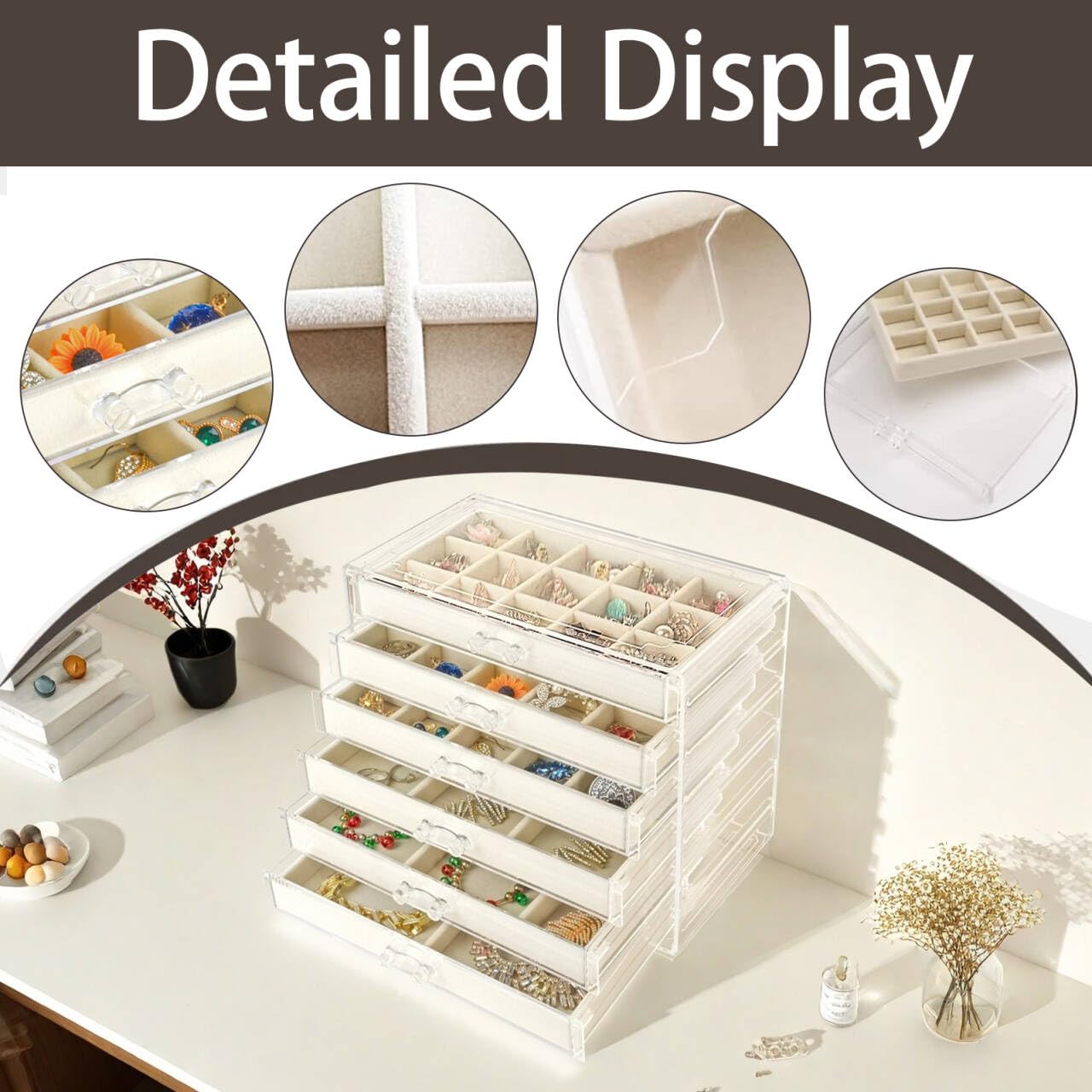 Watpot Acryl-Schmuckschatulle mit 6 Schubladen, transparente Ohrring-Aufbewahrungsbox, Vitrine für Damen und Mädchen, Beige
