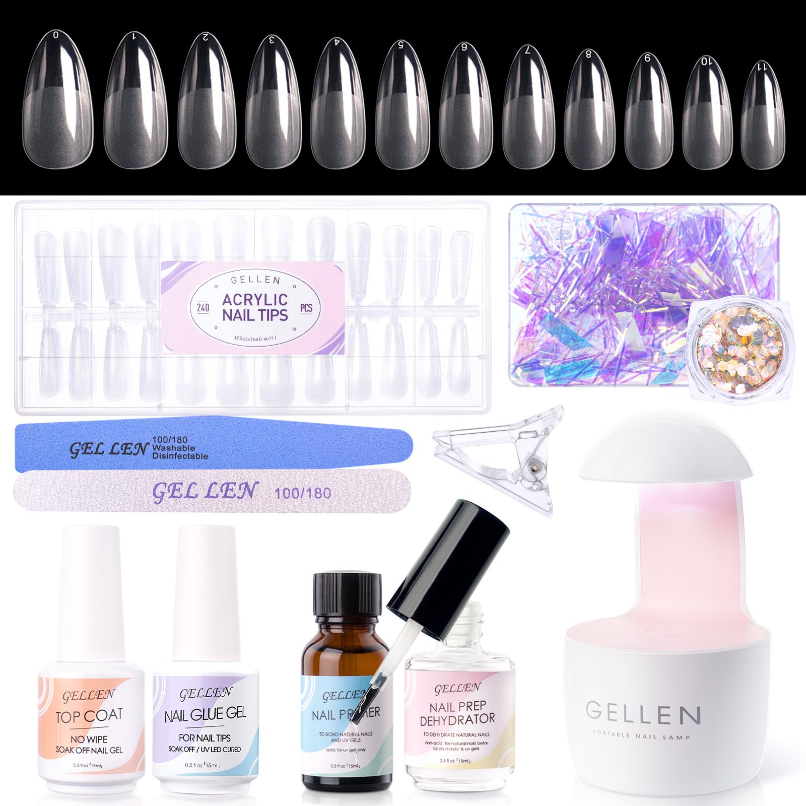 Gel Tips Nail Extension Kit, Gel x Nail Kit with 240Pcs Almond Nail Tips, 3 in 1 Nail Glue Gel, Nail Prep Dehydrator and Primer, U V LED Nail Lamp, Nail Decorations for DIY Manicure Set