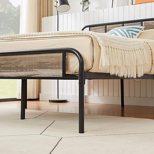 Miniatura 6 de VECELO Base de cama de plataforma de metal tamaño Queen con cabecera de madera base de colchón soporte de listones de acero premium no necesita