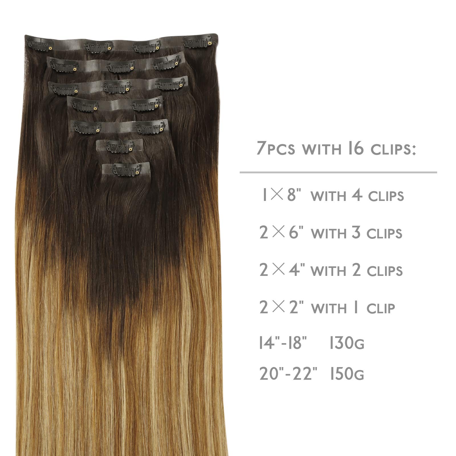 WENNALIFE Extension Capelli Veri Clip Senza Cucitura, 150g 7Pezzi 50cm Castano Scuro fino a Castano e Biondo Sporco Evidenziato Extension Con Clip Invisibile PU Seamless Extension per Capelli a Clip