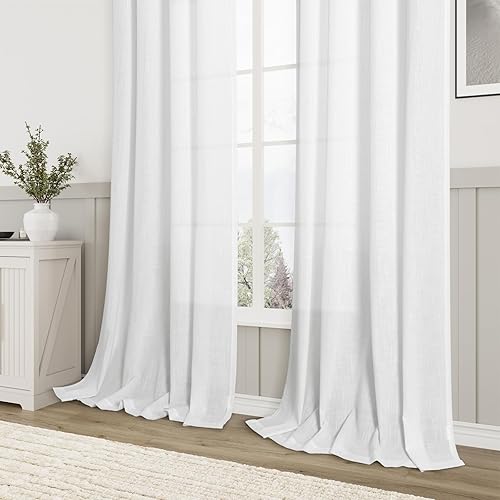 Miniatura 6 de Cortinas de lino natural semitransparentes de 102 pulgadas de largo con pestaña trasera, elegantes cortinas filtrantes de luz para sala de estar,