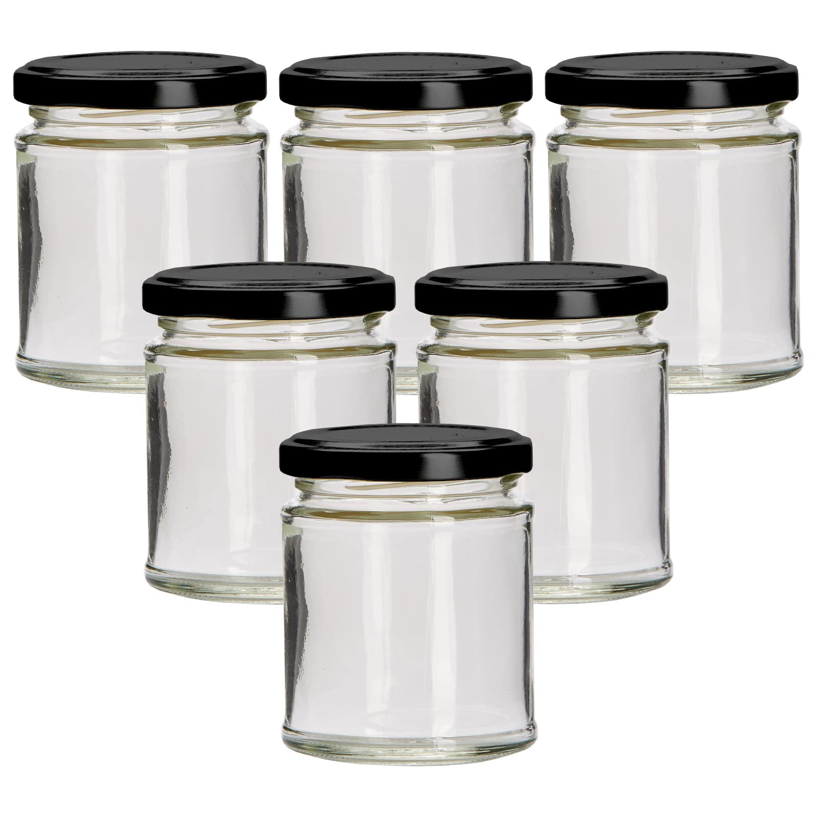 Balliihoo Homebrew Pack Of 6 x 190ml Round Glass Food Jar With Black Twist Off Lids (Choice Of Lid Colours)