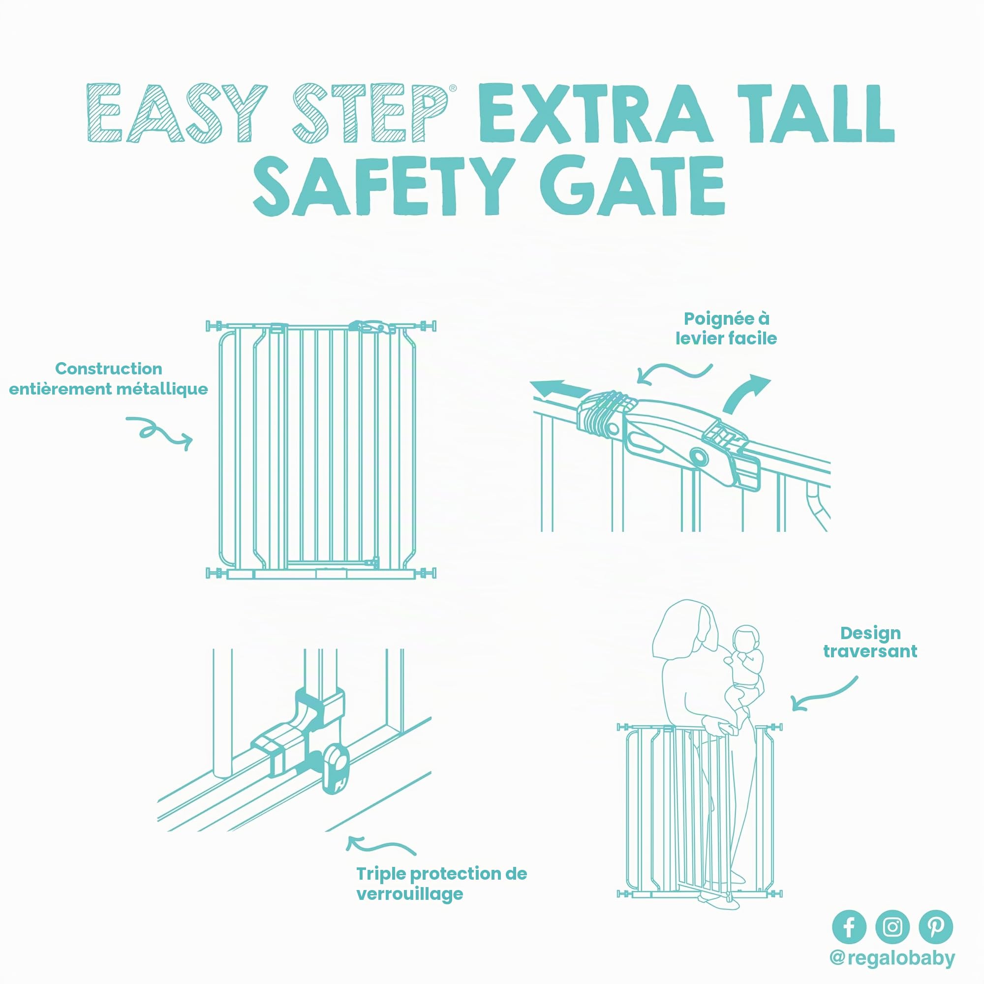 Regalo Safety 91.4cm Extra Tall Baby Gate for Doorways & Bottom of Stairs, Fits Openings 73.6-90cm (Extension Included), Pressure Mounted for Babies, Toddlers & Pets
