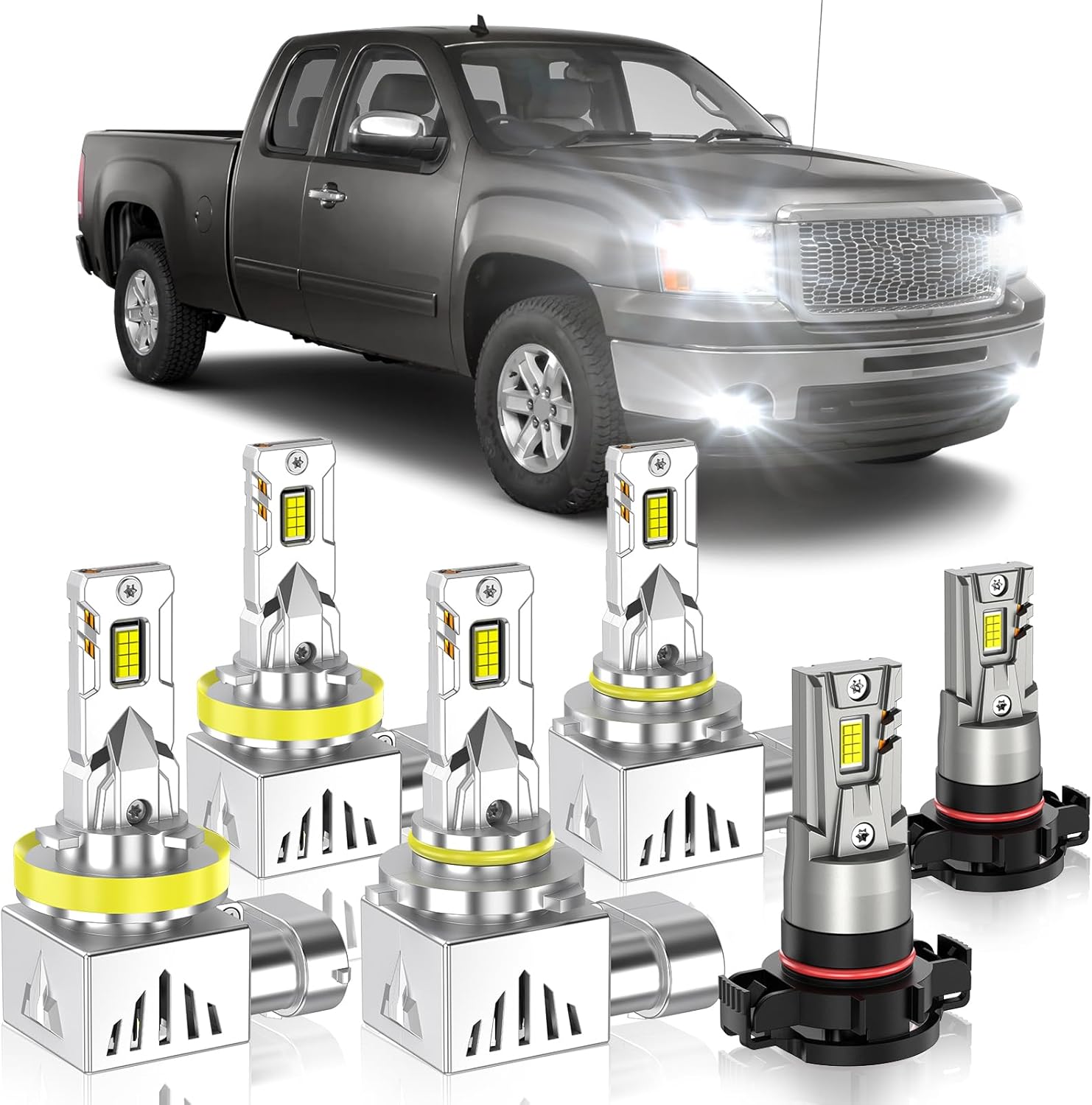 Fog Bulbs Fit for GMC 2007-2013 Sierra 1500 2500 3500, Latest&Brightest High&Low Beam Fog Light Bulbs Combo 800% Brightness 6000K Cool White, CANbus Ready, Plug and Play, Pack of 6