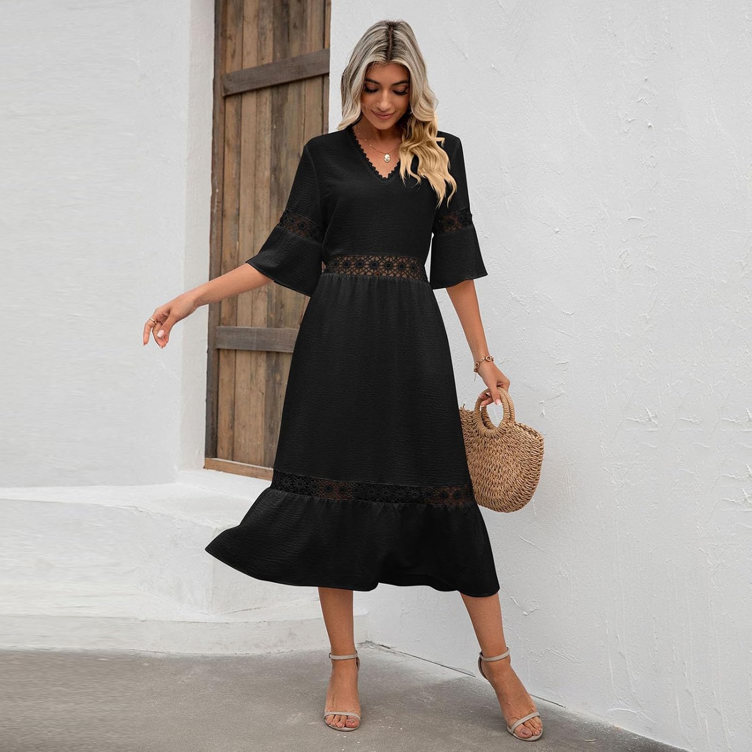 Womens Lace Patchwork V Neck 3/4 Sleeve Midi Dress Hollow Out Flowy Boho Dresses Summer Casual Beach Sundresses