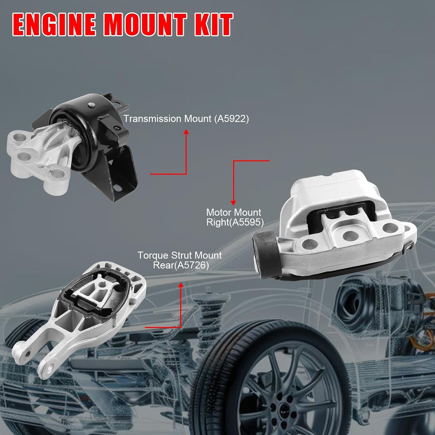 Engine Motor & Transmission Mount fit for 12-19 for Chevy Sonic L4 1.4L Manual, 12-16 Sonic L4 1.6L Manual, 12-18 Sonic L4 1.8L Manual, 12 Sonic L4 1.4L 1.6L 1.8L Auto, Replace# A5595 A5726 A5922