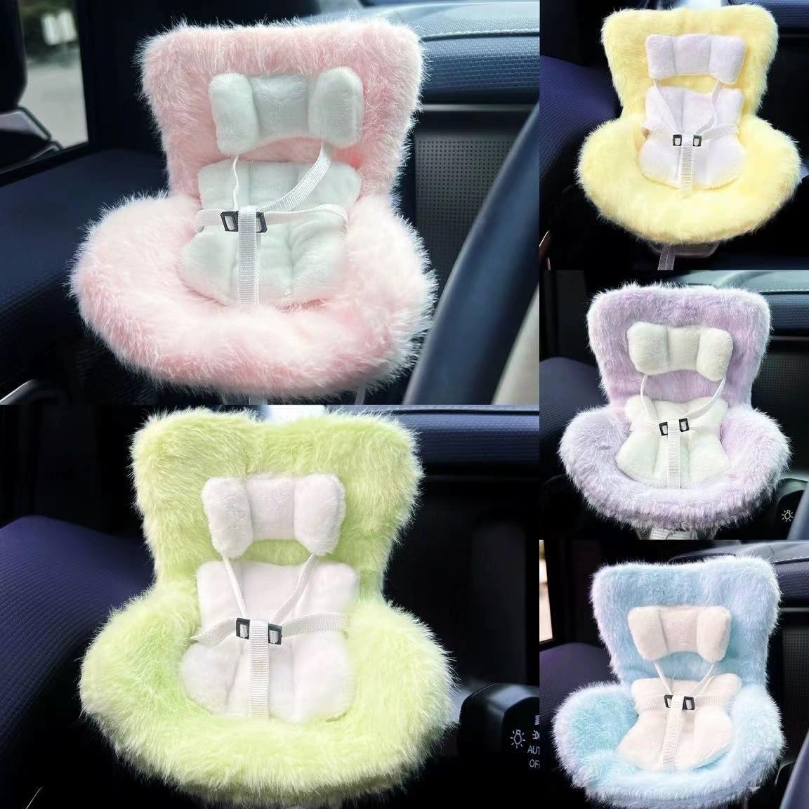 Car Seat for Labubu Dolls with Soft Furry Cushion, Air Vent Clip and Desktop Stand, Cute Functional Car Ornament for Labubu Fans and Doll Collectors, Cars Decoration Display Accessories(Lake Blue,With