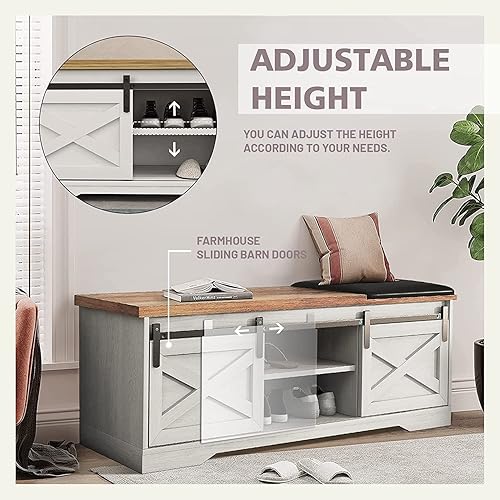 Miniatura 10 de SAINTCY Banco de zapatos de entrada con almacenamiento, moderno armario de zapatos gris con puerta corrediza de granero, banco de almacenamiento