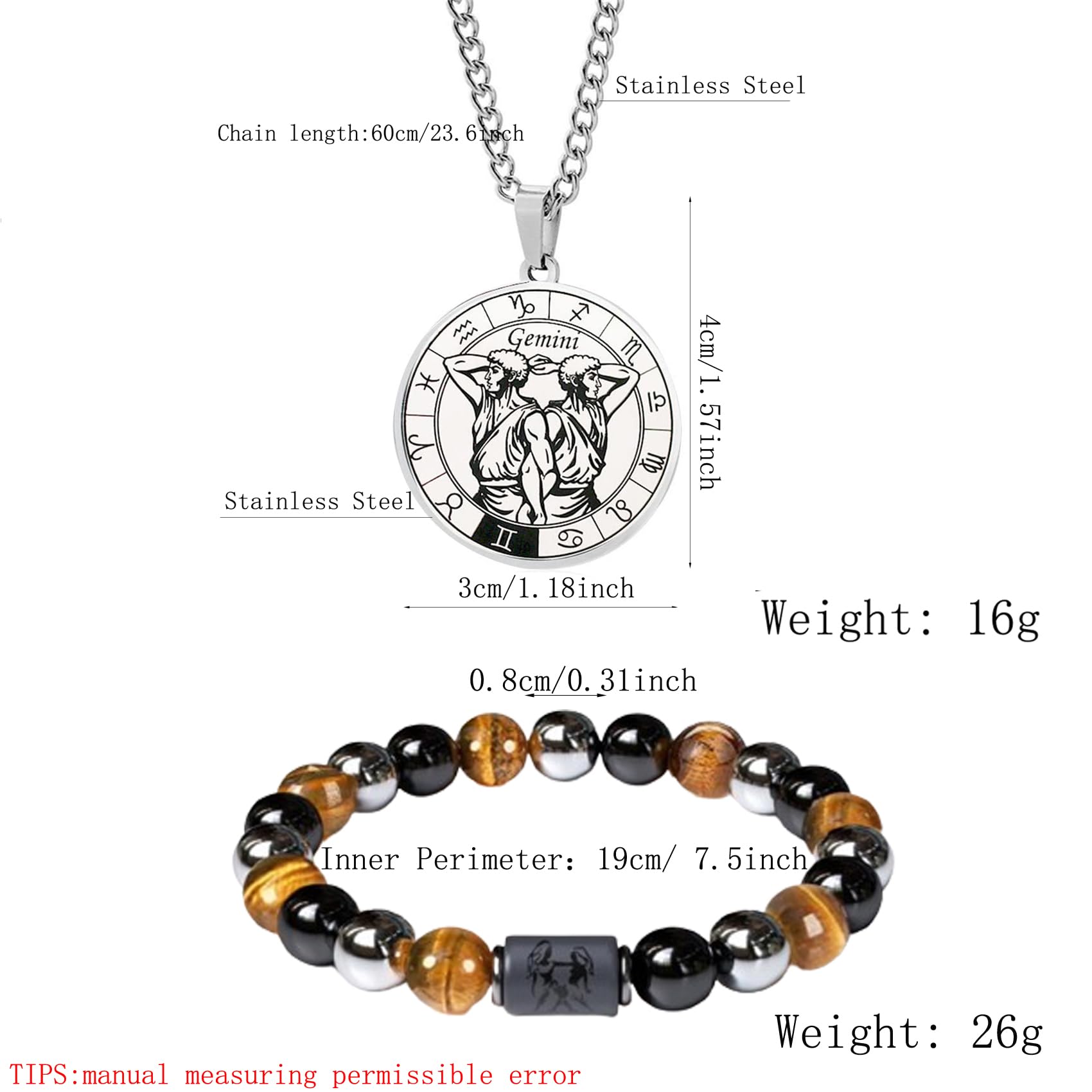herren Sternzeichen Halskette und Armband Set- Sternbild halskette edelstahl-Münzanhänger-Elastisches Perlenarmband-Geburtstagsgeschenk Schmuck