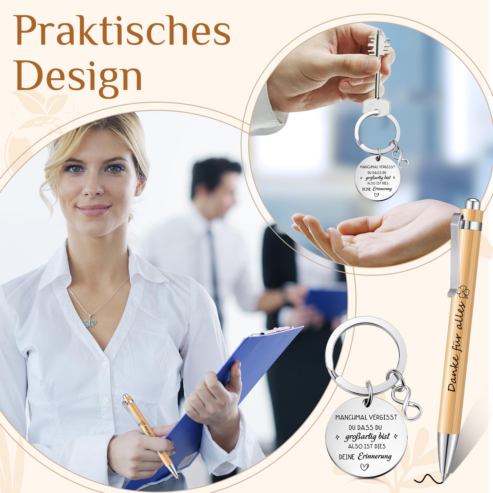 Jadive 24 Set Regali di Ringraziamento per i Colleghi Mini Quaderno Penna Danke für Alles Portachiavi Ispiratori Etichette Regalo e Sacchetti di Organza Regalo di Addio per i Dipendenti