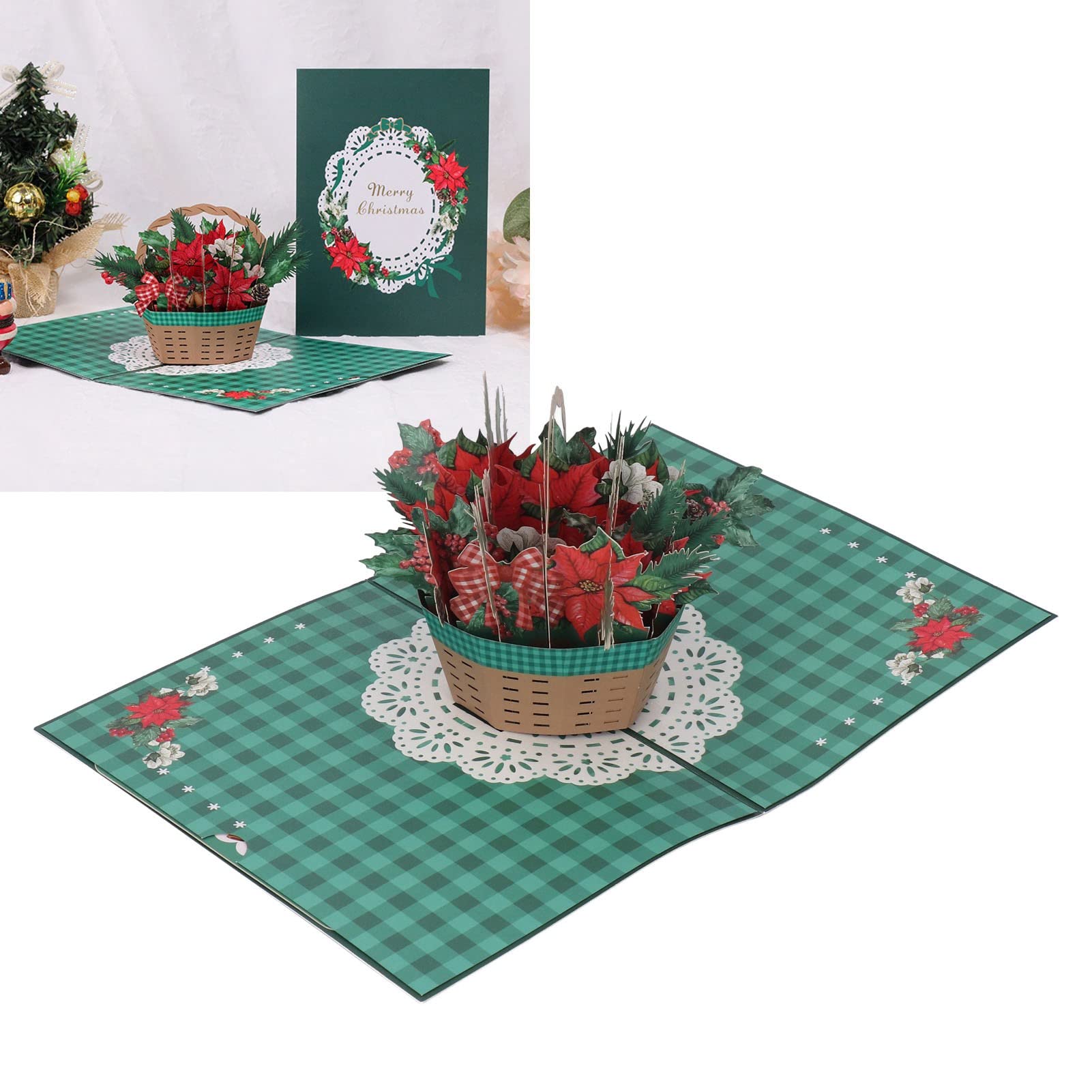 Carte De Noël Pop-up 3D – Panier De Fleurs De Noël – Avec Enveloppe Et Petite Carte Vierge – Taille 17,8 X 12,7 Cm – Cadeau Décoratif Festif - 2