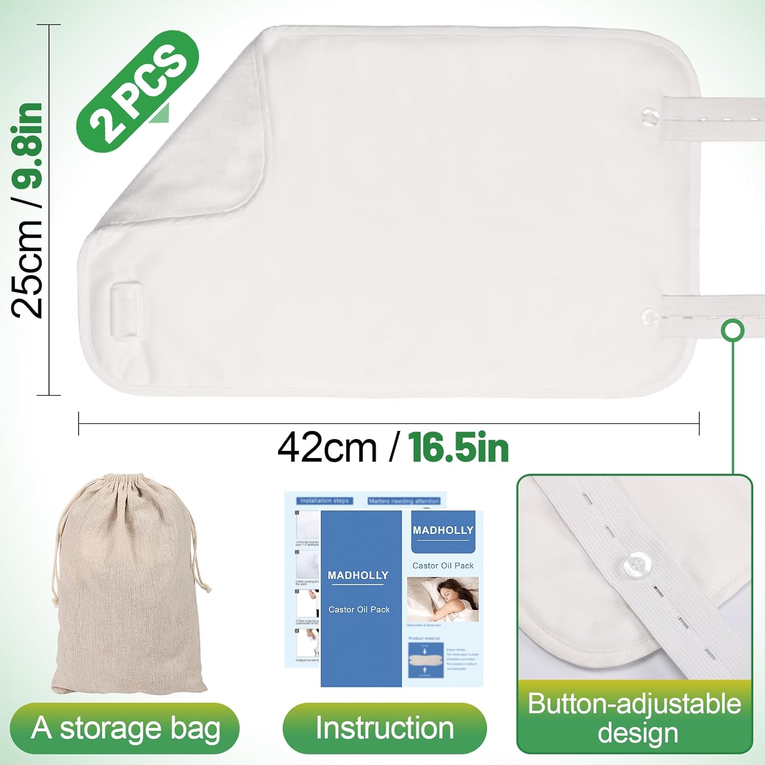 2Pcs Castor Oil Pack Wrap- Reusable Organic Castor Oil Pack Kit for Liver Detox Women Gift- Castor Oil Pack Compress with Storage Bag for Constipation Inflammation Aid Sleep, White, Oil Not Included