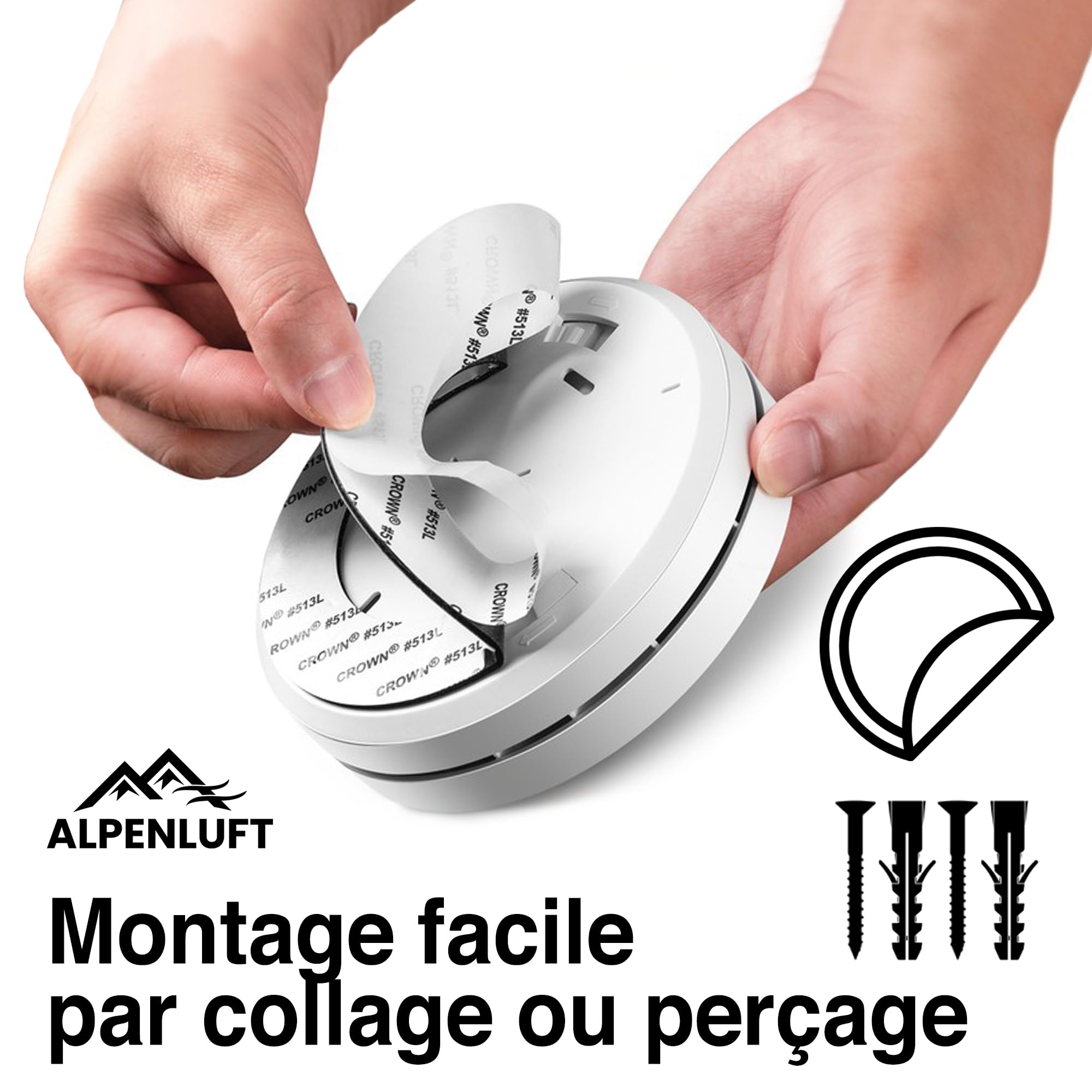 ALPENLUFT Detecteur de fumée 10 Ans Pile, Plat, Detecteur d'incendie, Pas de LED Clignotante, sans perçage, kit Alarme Maison sans Fil- Fumee Protection Incendie, Alarme Incendie (Set de 1)