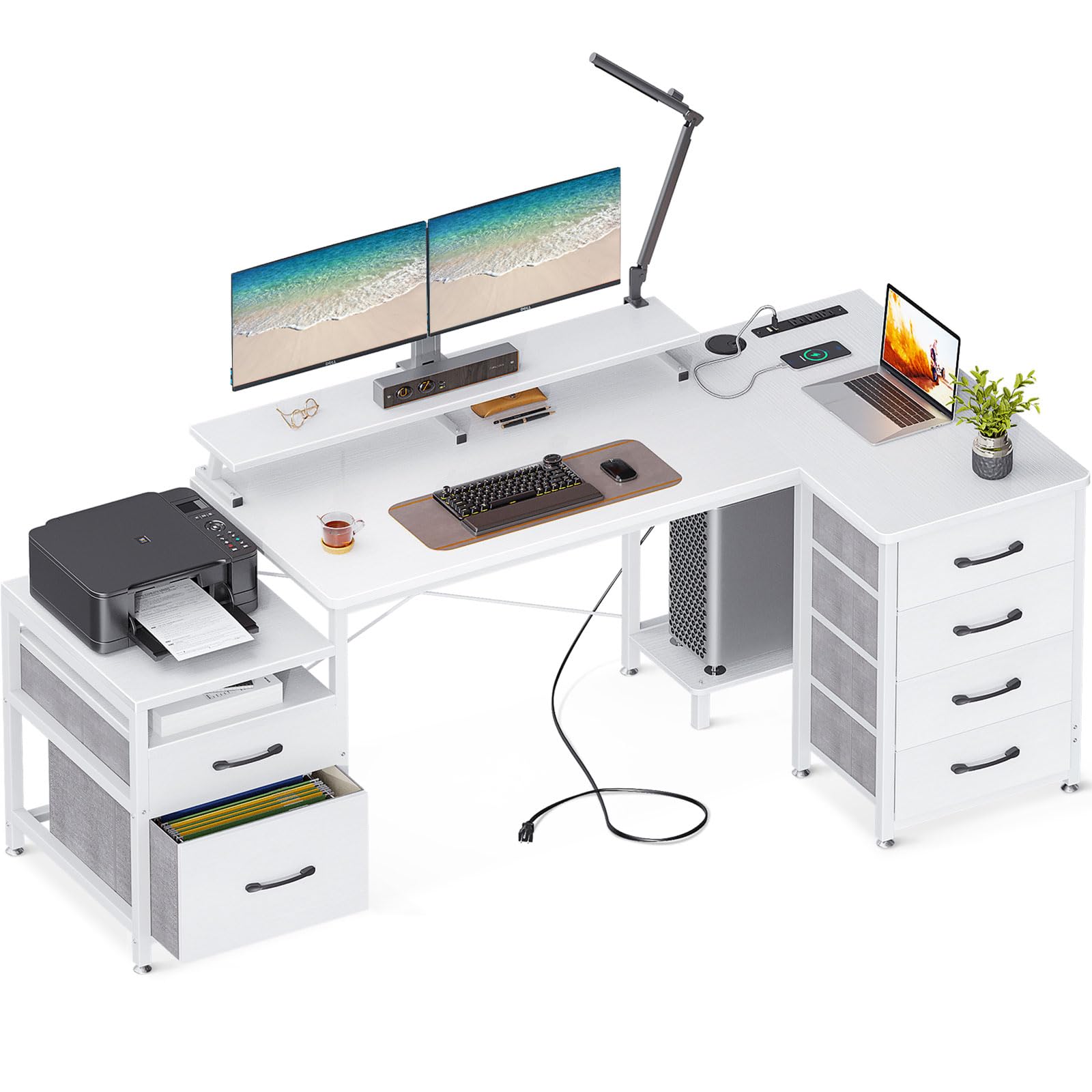 KKL L Shaped Computer Desk with File Drawers & 3 Power Outlets & 2 USB Ports, Home Office Desk with Printer Cabinet & Monitor Shelf & Host Storage Shelves, White Writing Desk