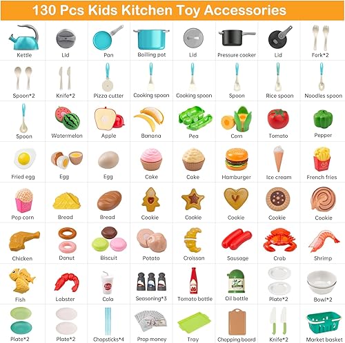 Miniatura 2 de Juego de cocina de 130 piezas, ollas de juego de cocina para niños pequeños, sartenes, utensilios, utensilios de cocina, alimentos diarios, frutas y