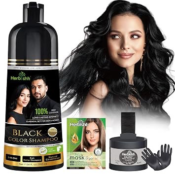 Herbishh Black Shampoo 200 ML, Hair Dye Shampoo 3 in 1, 100% Grey Coverage, Demi-Permanent Hair Color for Men & Women+Root Touch Up Powder Natural Black Powder