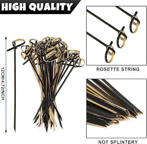 Miniatura 8 de Palillos de cóctel de bambú de 4.72 pulgadas, pinchos de bambú hechos a mano, palillos de dientes de cóctel con nudo en bucle para aperitivos,