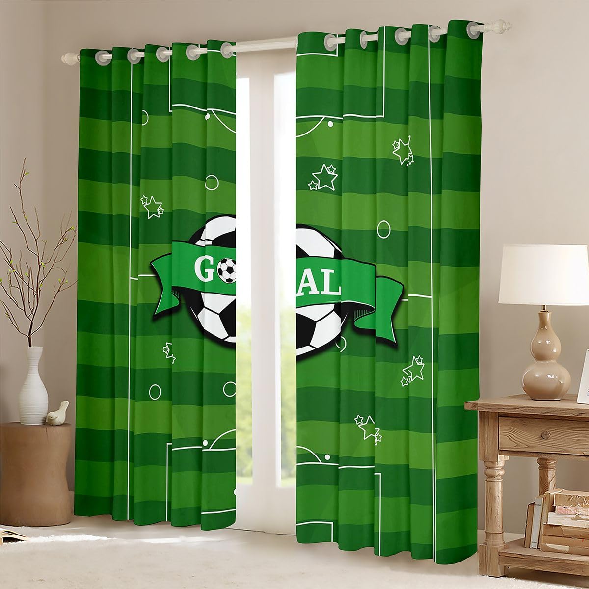 Homewish Soccer Green Gaming Football Court zasłony okienne 117 x 183 cm 2 zestawy paneli – sześciokątne zasłony zaciemniające o strukturze plastra miodu w paski zasłony okienne zasłony sportowe