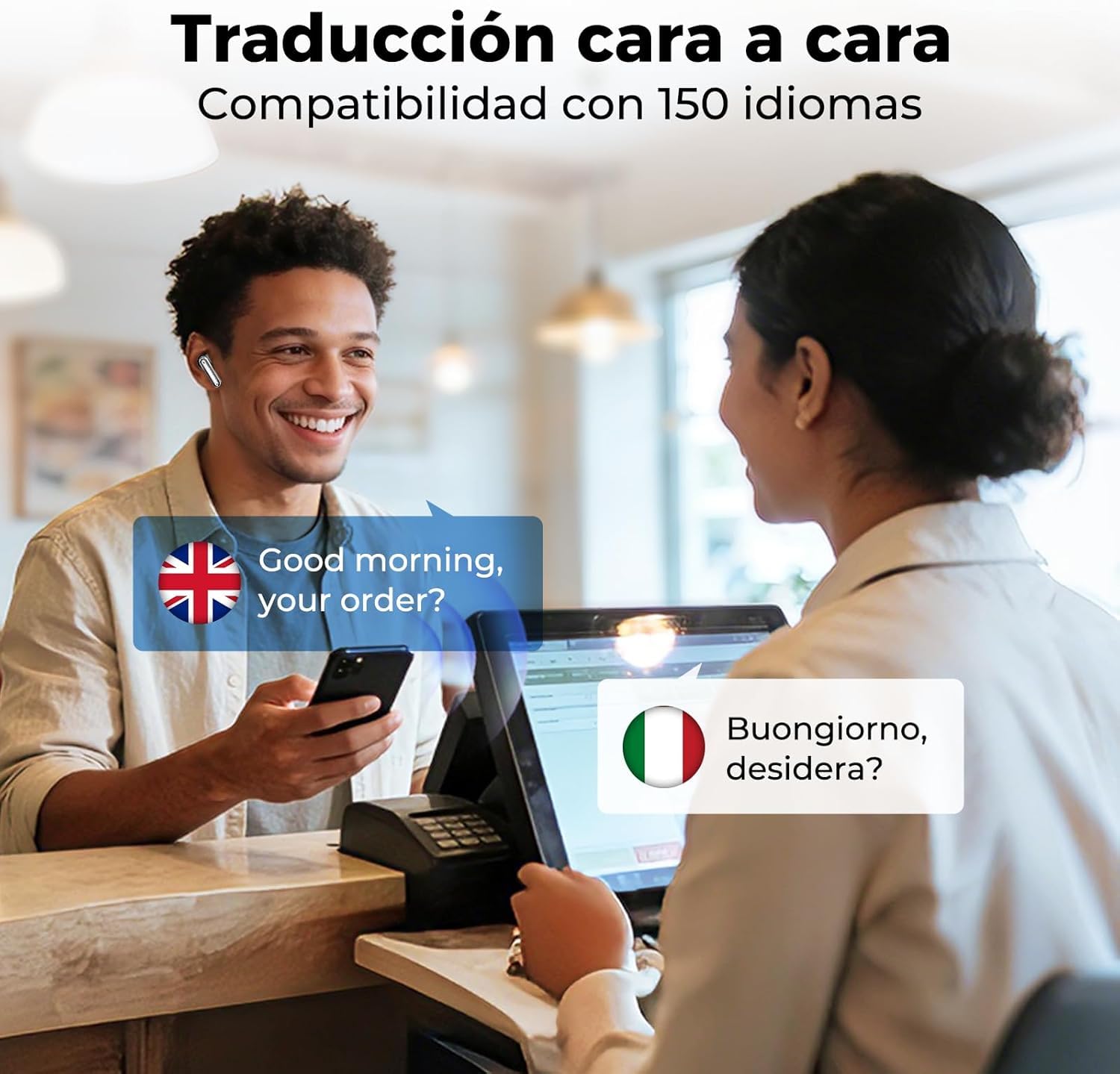 MS106 Auriculares Traductor en Tiempo Real AI Bluetooth 6.0, Auriculares Traductores Simultáneos IA con 150 Idiomas y 9 Modos, 60h de Autonomía, IPX5 Impermeable para Viajes, Negocios y Aprendizaje
