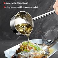 Vista 6 de Cucharón de sopa pequeño SUS304 de acero inoxidable con boquilla para verter 2 onzas, cucharones de salsa de mango largo, resistentes al calor