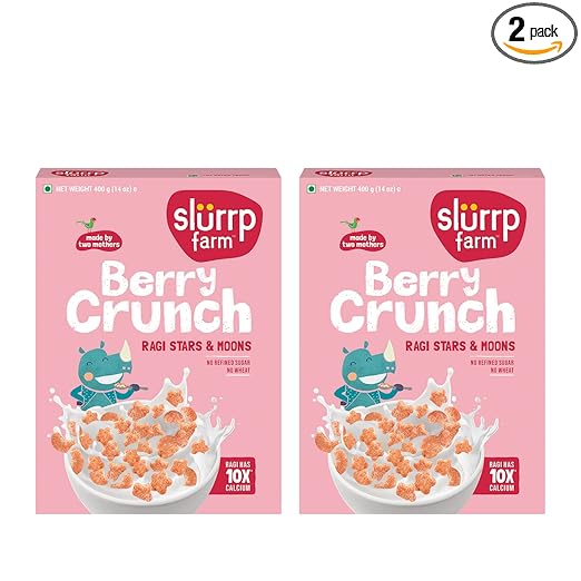 Slurrp Farm Berry Crunch Cereal  No Maida, Wheat and Refined Sugar, Strawberry Stars and Moons, Healthy Millet Breakfast, 400 g, Pack of 2