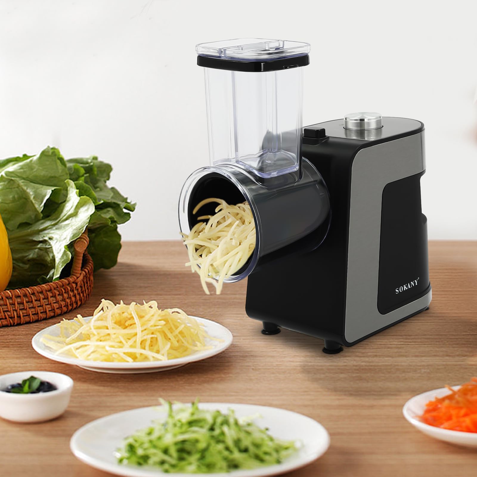 Cortador de verduras eléctrico de 1000 W, rallador de queso eléctrico, cortador de verduras con 10 cuchillas y gran boquilla de llenado, base antideslizante, rallador eléctrico para frutas, verduras y