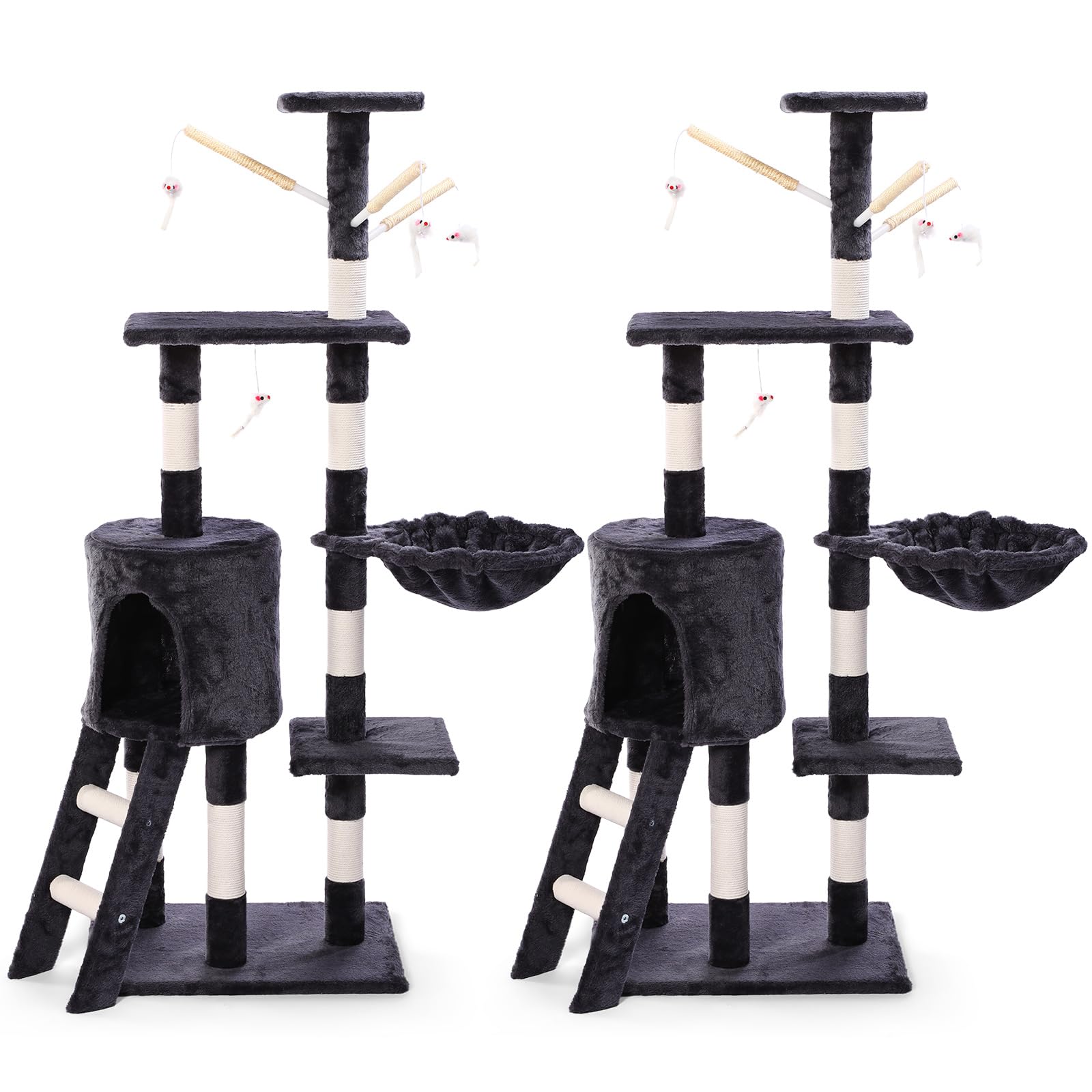 2 Pack Cat Tree, 54.3" Cat Tree Tower for Indoor Cats, 5 Floor Tall Velvet Cat Tree Tower Modern Cat Activity Center Play Tower with Cat Condo Perches Hammock Scratching Posts Funny Cat Stick