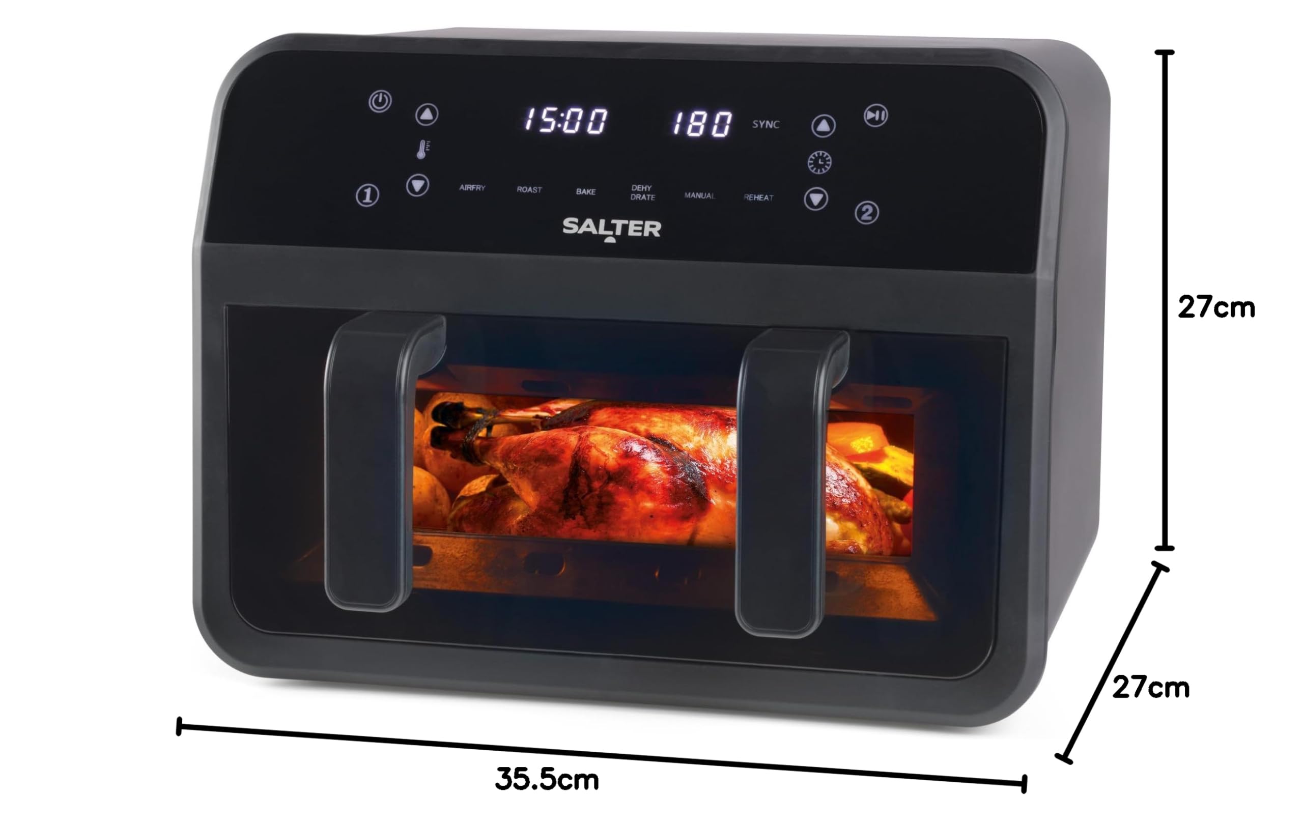 Salter Dual View Friteuse à air – Plaque de cuisson antiadhésive de 7 L avec séparateur amovible, grande capacité familiale, fenêtre de visualisation, numérique à LED, 6 fonctions, 2300 W