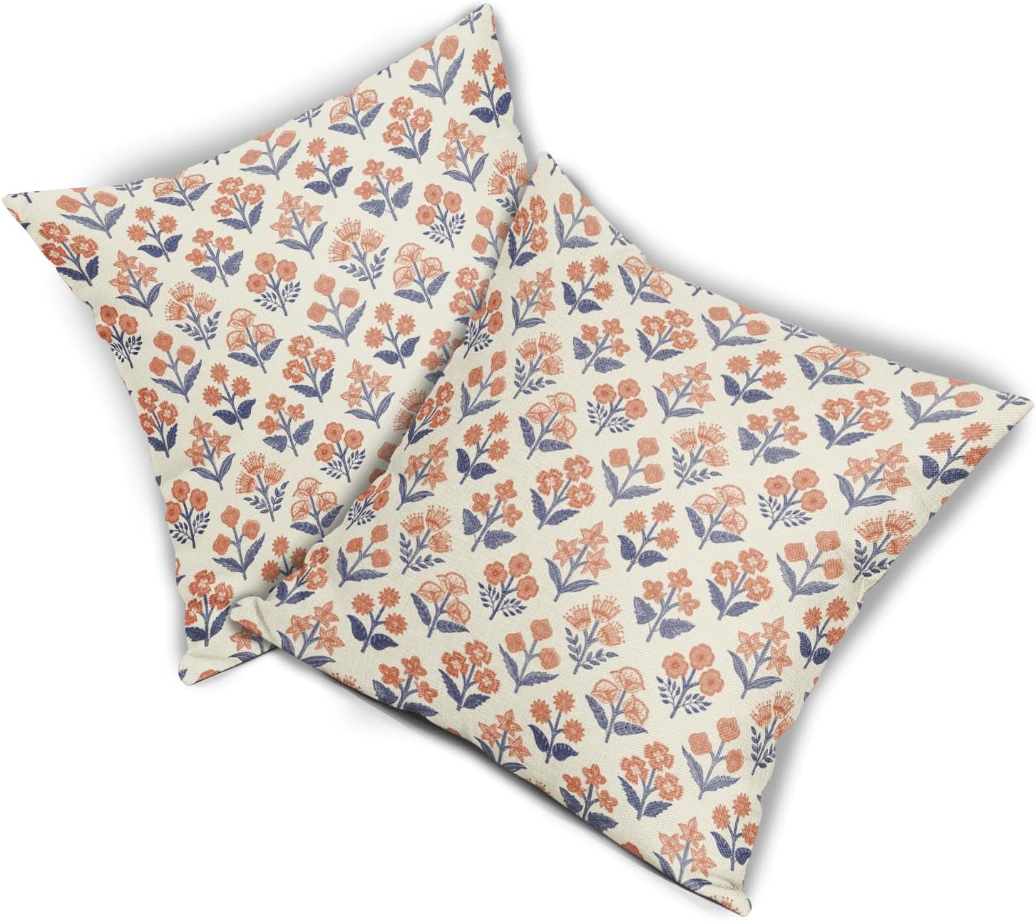 Navy Blue Orange Floral Block Print Pillow Covers 18x18 Inch Set of 2, Fall Vintage Flower Pattern Decorative Throw Pillowcases Outdoor Farmhouse Cushion Covers Seasonal Rustic Sofa Couch Bed Decor - Image 8