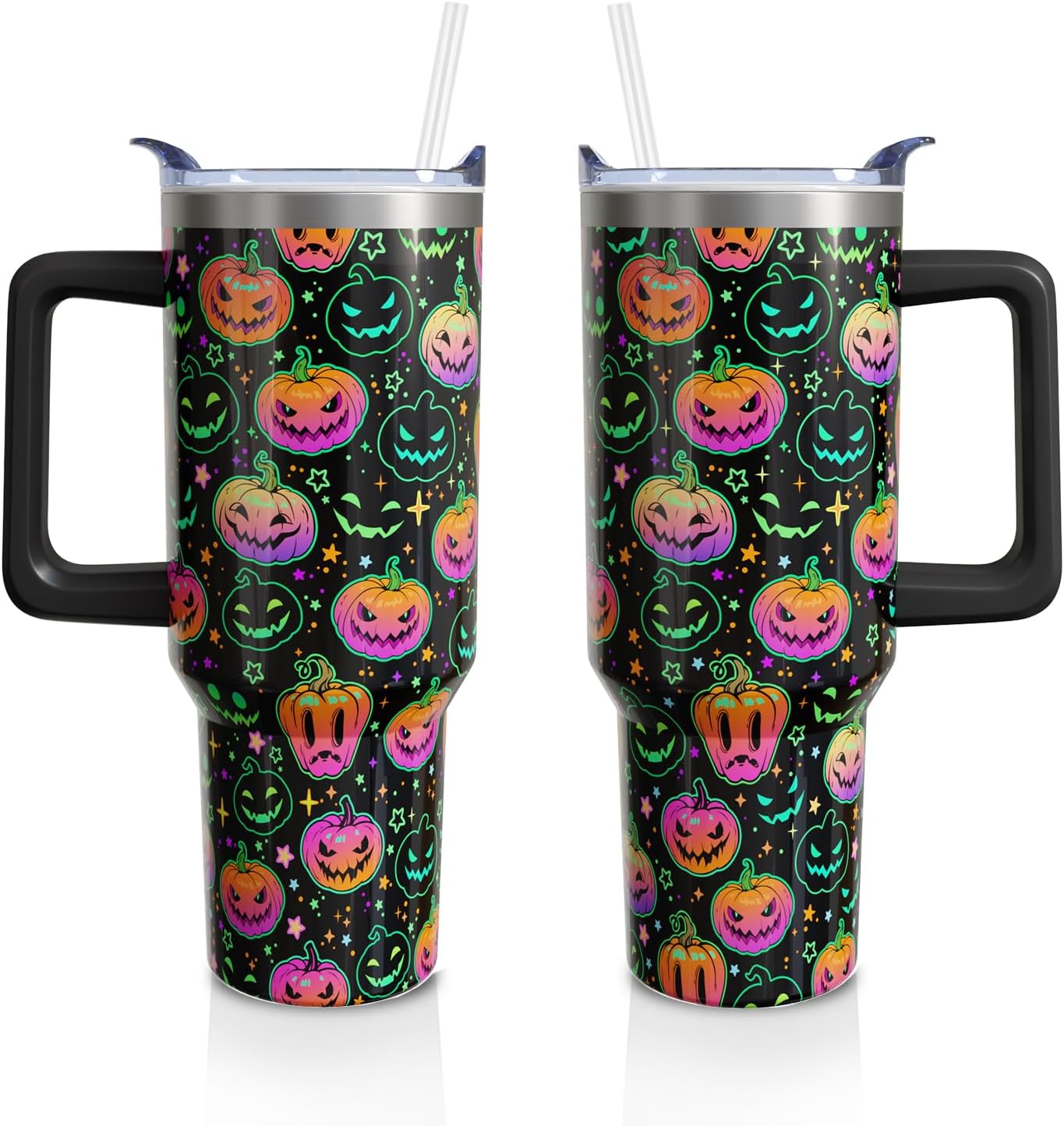 Pumpkin Halloween Gifts for Women Men, Horror Pumpkin Face Stainless Steel Insulated Travel Coffee Cup, 40 Oz Tumbler with Handle and Straw, Holiday Birthday Water Bottle (1 PC)