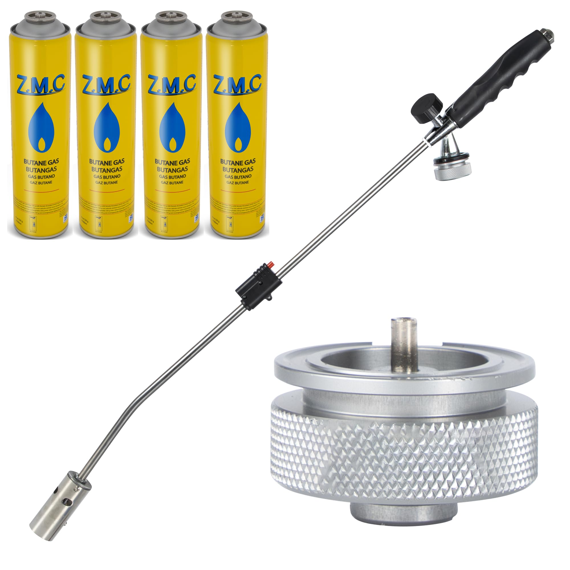 ZMC - Herbicida de 2,5 kW + 4 cartuchos de gas de 330 g, incluye adaptador para rosca europea, quemador de malas hierbas con encendido piezoeléctrico, dispositivo de combustión con potencia de llama