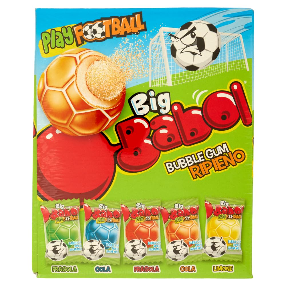 Big Babol Play Football, Chewing Gum morbido, Gusto Fragola, Cola e Limone, senza Glutine, Confezione da 200 Gomme da Masticare Monoporzione, Incartate Singolarmente, per Feste e Compleanni Bambini