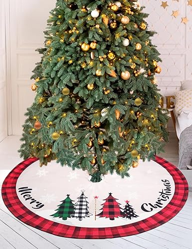 Miniatura 4 de Falda de árbol de Navidad de 48 pulgadas, falda de árbol de Navidad rústica roja con copo de nieve, falda de árbol de Navidad a cuadros negros y