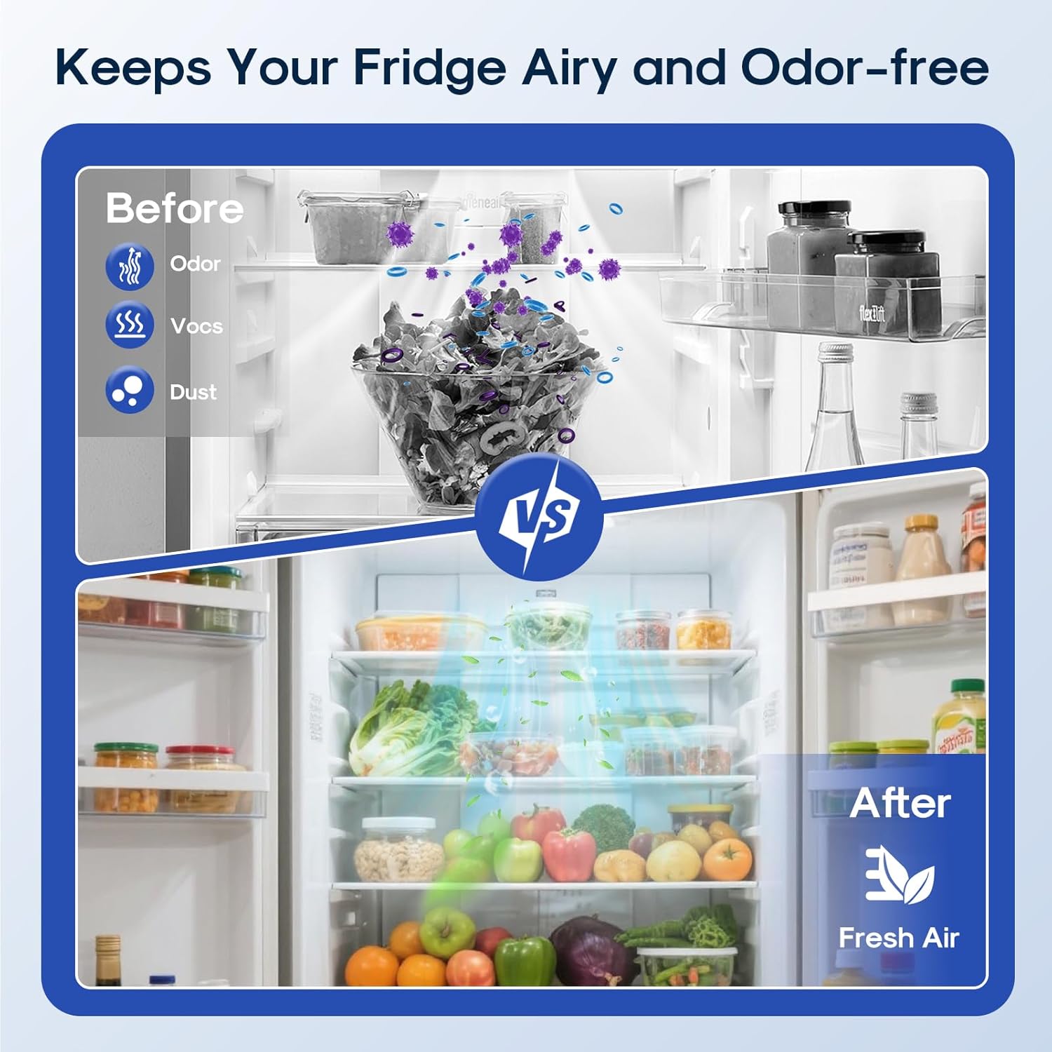 Before and after comparison of refrigerator air quality, showing odor reduction