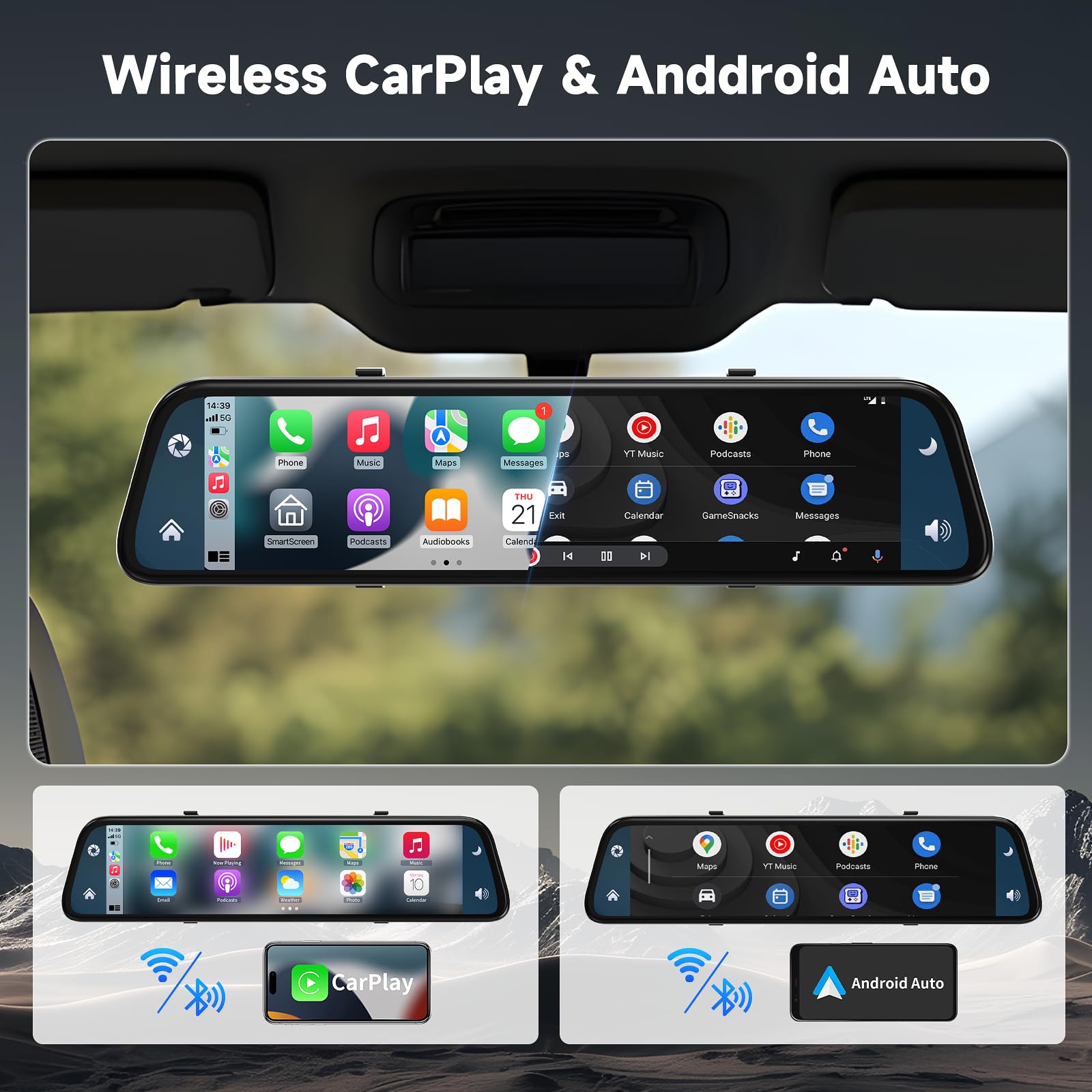 12,5 Zoll 4K Rückfahrkamera Spiegel mit Wireless CarPlay Android Auto Dashcam Einparkhilfe Navigation Bluetooth Mirror Link WDR AUX 64G SD-Karte