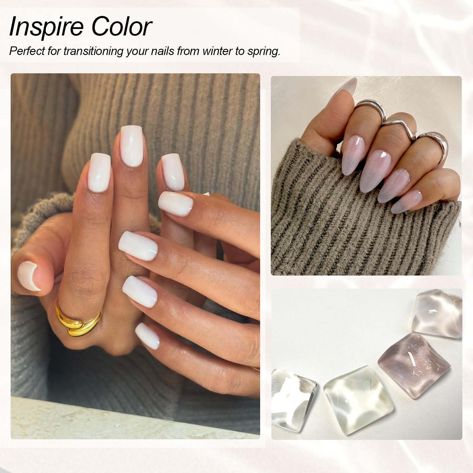 Vnicesli 4 in 1 Base Rubber Gel, 4 Colori Trasparente Smalto Semipermanente Clear Bianco Latte Rosa Glitter, Elastic Rubber Base Coat Soak Off UV/LED Smalto Rinforzante Unghie - Kit 04-24