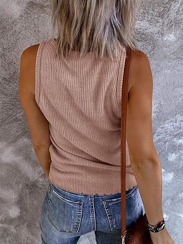 Miniatura 2 de Saodimallsu - Camiseta tejida sin mangas de verano para mujer, cuello Henley en V, diseño acanalado, con botones, corte suelto e informal