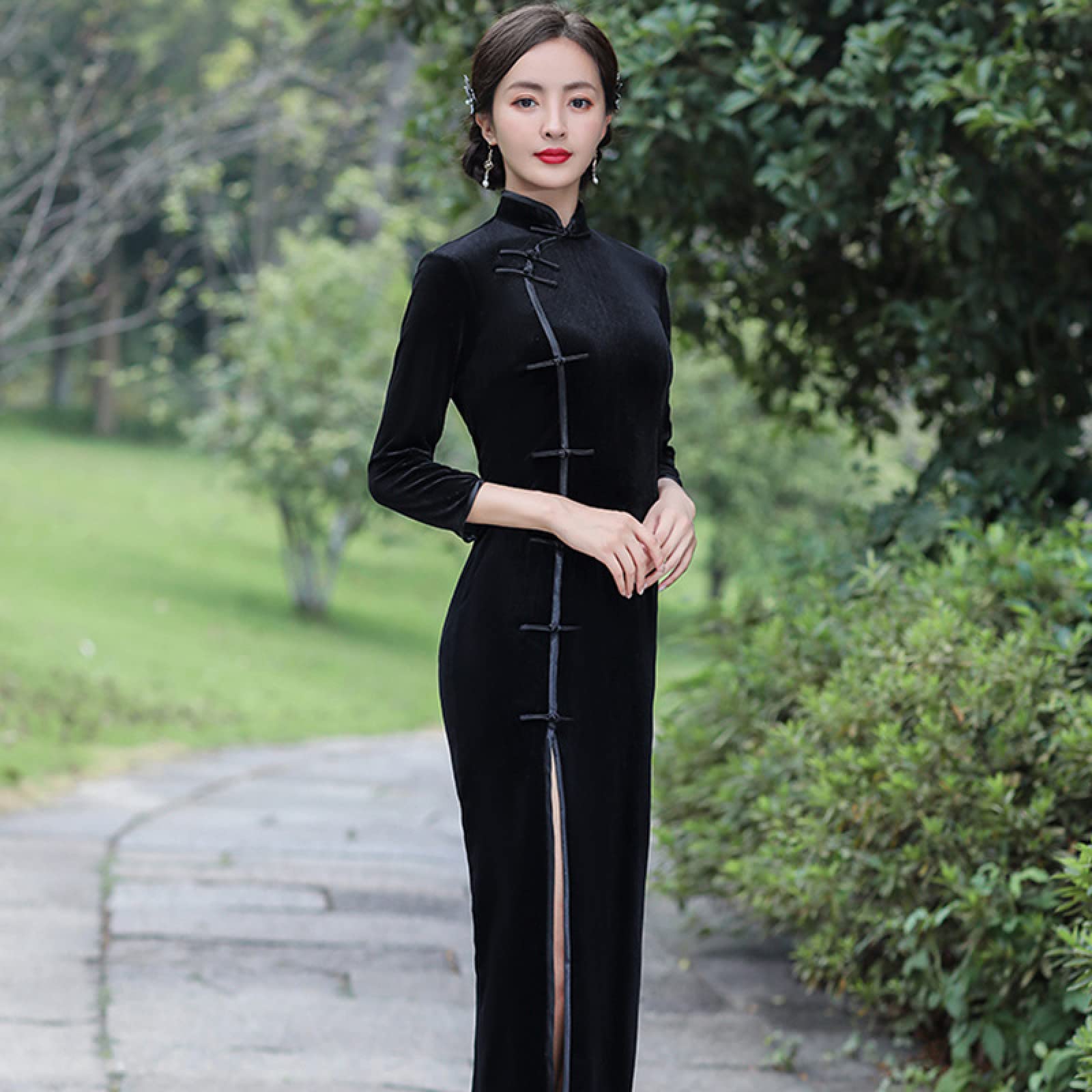 Vestito da Cinese Donna - Stile Cinese Tradizionale Cheongsam Autunno Inverno Velluto Vestito Caldo Fatto A Mano Bottone Vintage Donne Abiti Lunghi Sexy Festa Sottile Qipao