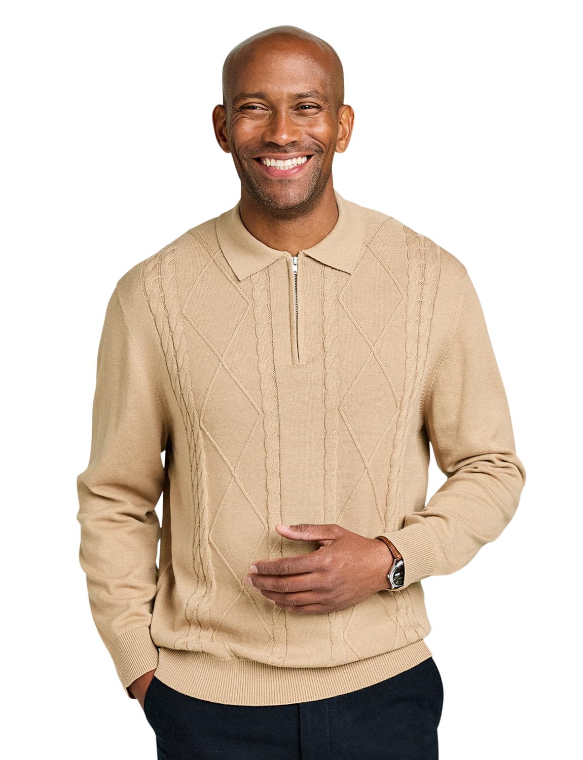 Pegasus Men's Camel Zip Neck Cable Knitted Polo With Ribbed Collar, Cuffs & Hem 3XL