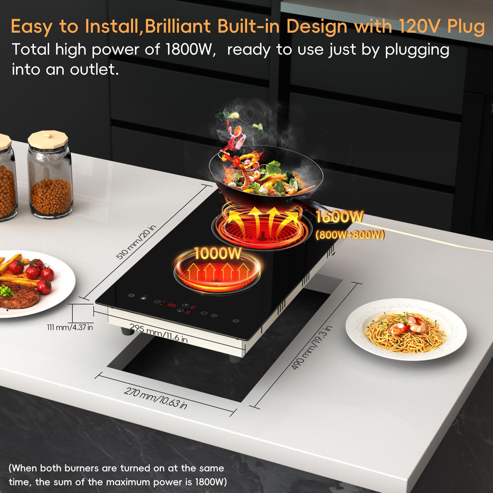 Placa de cocina eléctrica, 2 quemadores, estufa eléctrica radiante de 1800 W, 120 V con encimera y diseño integrado, placa de cerámica de control táctil de 12 pulgadas con bloqueo de 5
