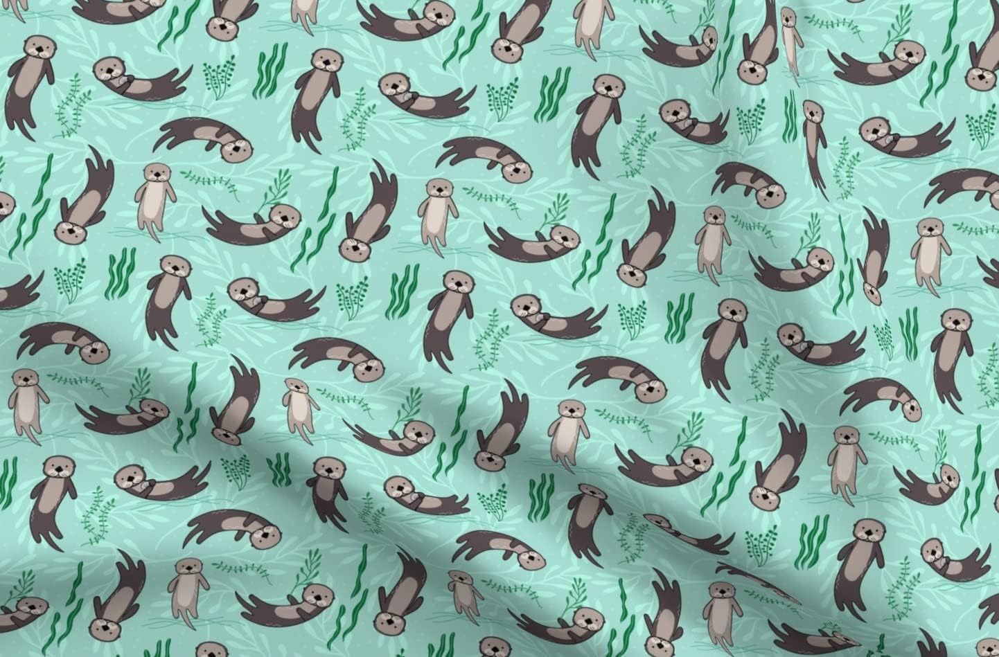 Spoonflower Fabric - Otters Otter Ocean Seaweed Aquatic Animals Kelp Cute Nautical Animal Printed on Upholstery Velvet Fabric Fat Quarter - Upholstery Home Decor Bottomweight Apparel